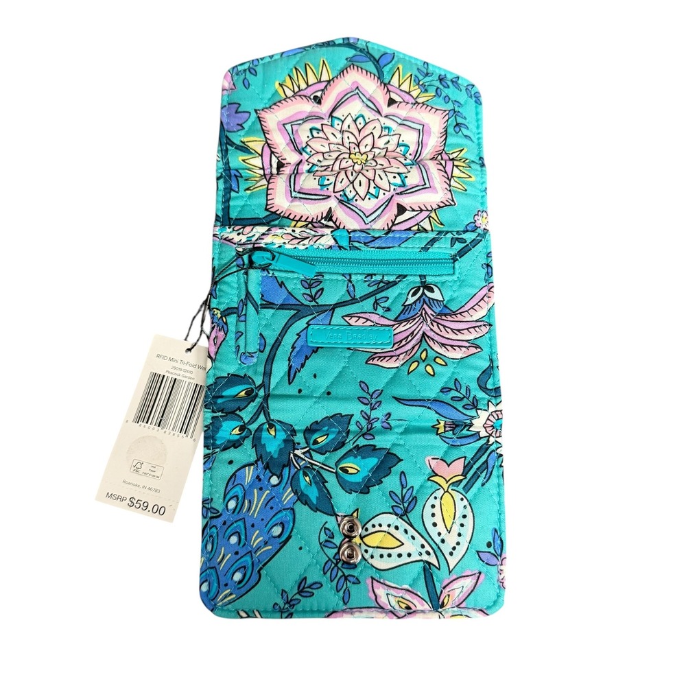 Vera Bradley Peacock Garden RFID Mini Tri-Fold Wallet Teal Quilted Cotton NWT - Picture 7 of 10
